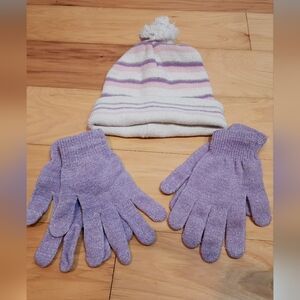 Cozy Purple and White Striped Hat and Gloves Set
